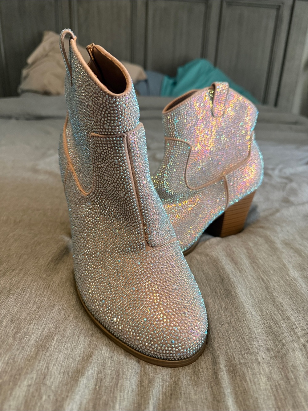 Iridescent Crystal Ankle Booties in Pink